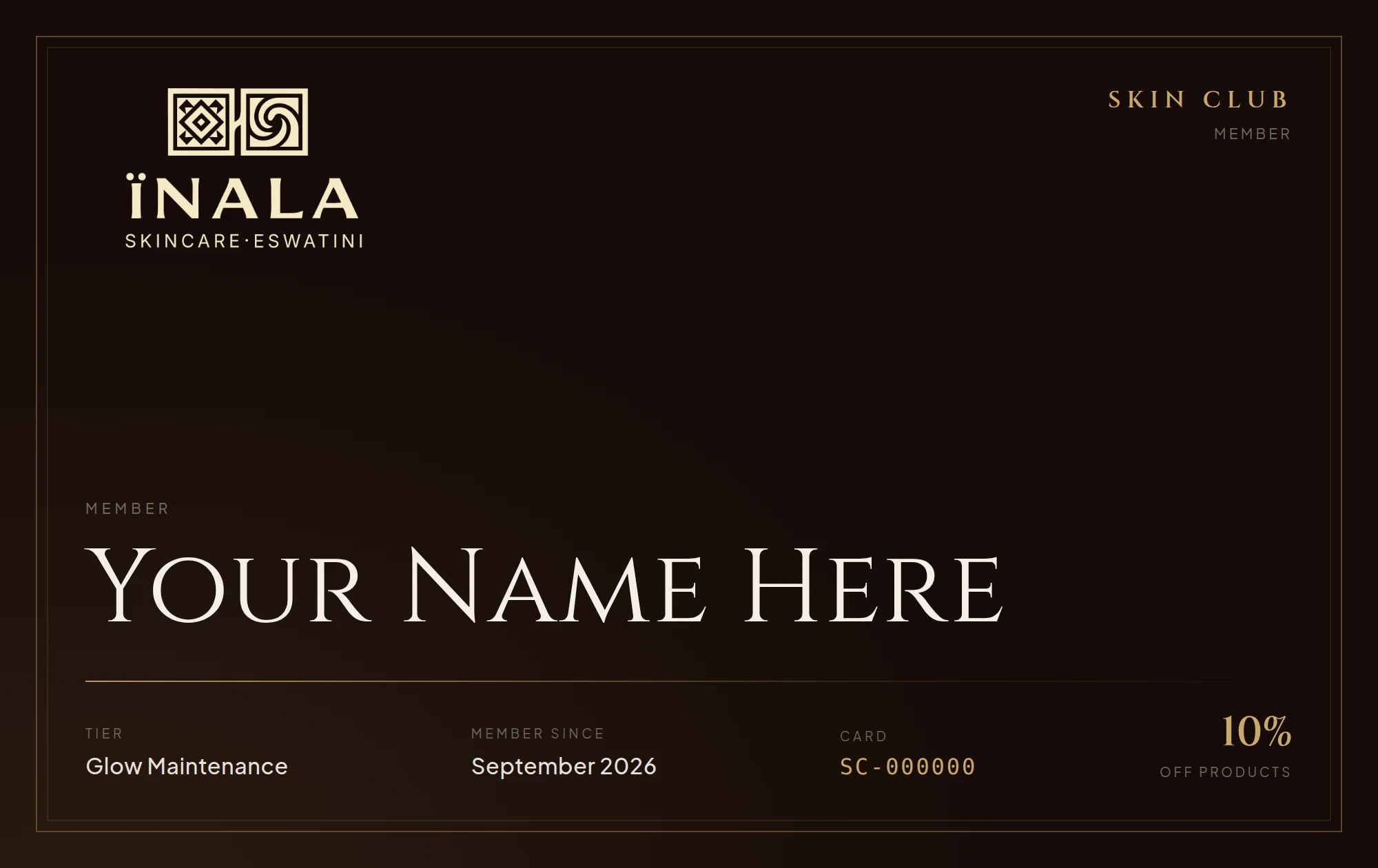 An iNALA Skin Club membership card, showing a member's name, their tier and their card number