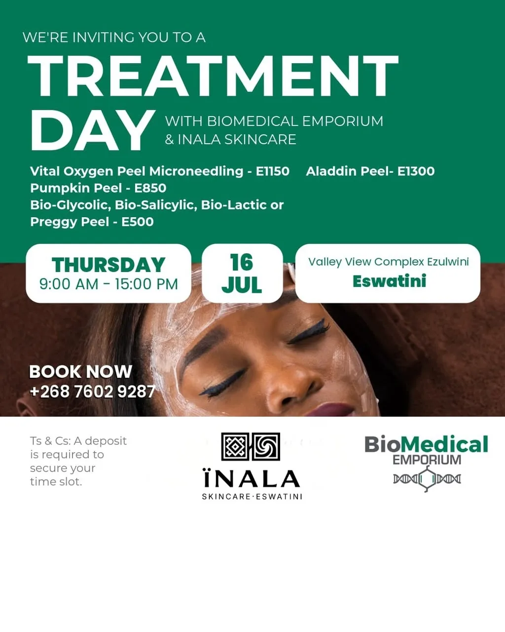 Treatment Day poster: iNALA SkinLab and Biomedical Emporium, Thursday 16 July, 9:00 to 15:00, Valley View Complex Ezulwini